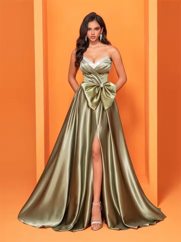 Luxury Strapless Slit Satin Floor-Length Evening Party Maxi Dress