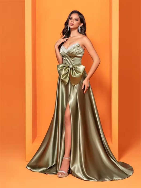 Luxury Strapless Slit Satin Floor-Length Evening Party Maxi Dress - Image 3