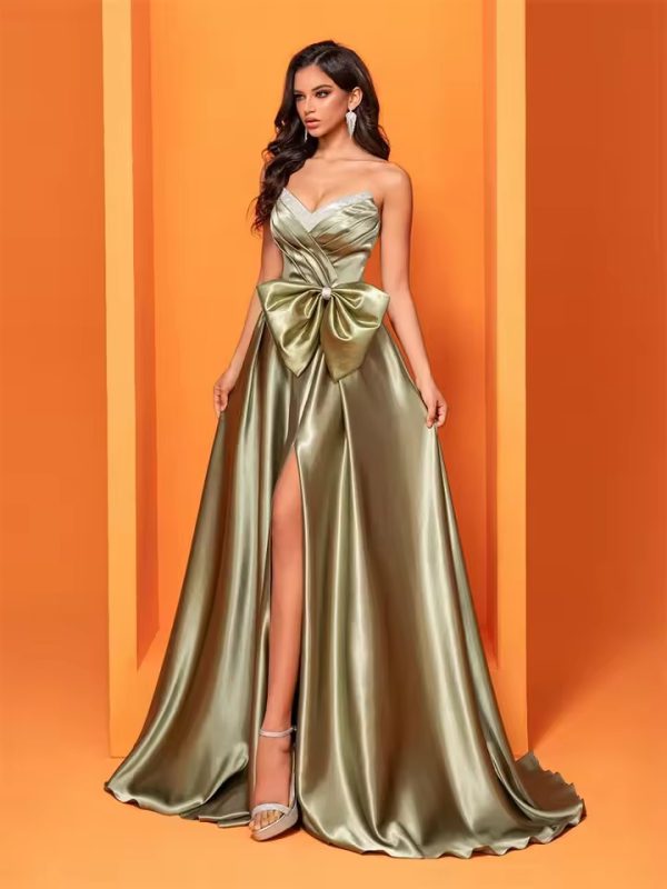 Luxury Strapless Slit Satin Floor-Length Evening Party Maxi Dress - Image 4