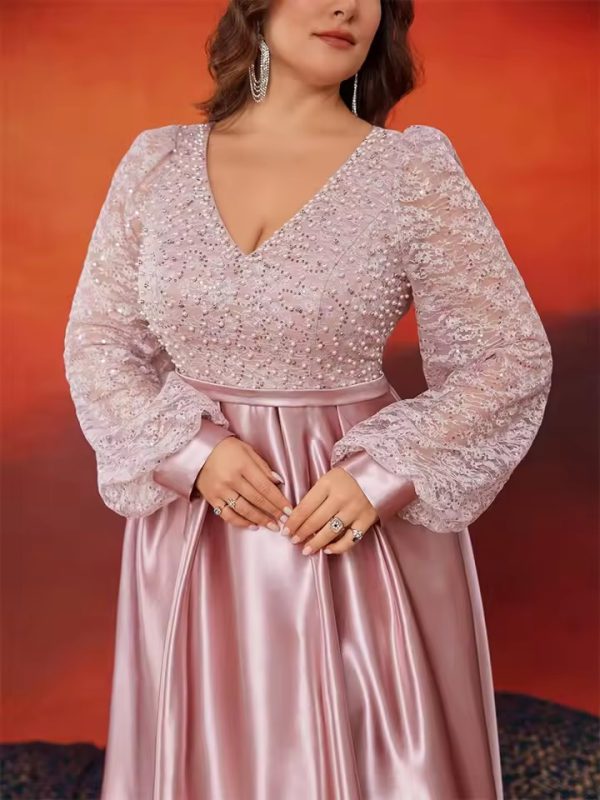 Luxury V-Neck Long Sleeve Sequins Evening Plus Size Maxi Dress - Image 5