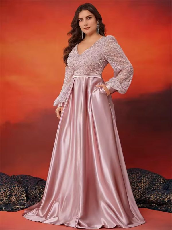 Luxury V-Neck Long Sleeve Sequins Evening Plus Size Maxi Dress - Image 4