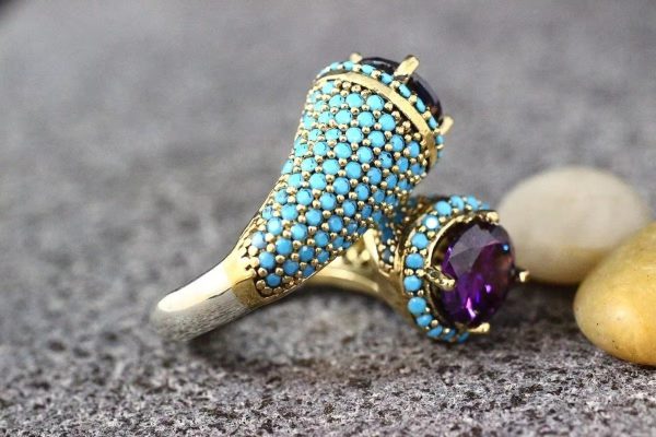 Luxury natural gem Amethyst and Turquoise party anniversary boutique Ring - Image 2