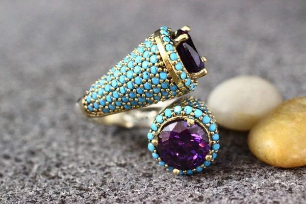 Luxury natural gem Amethyst and Turquoise party anniversary boutique Ring - Image 3