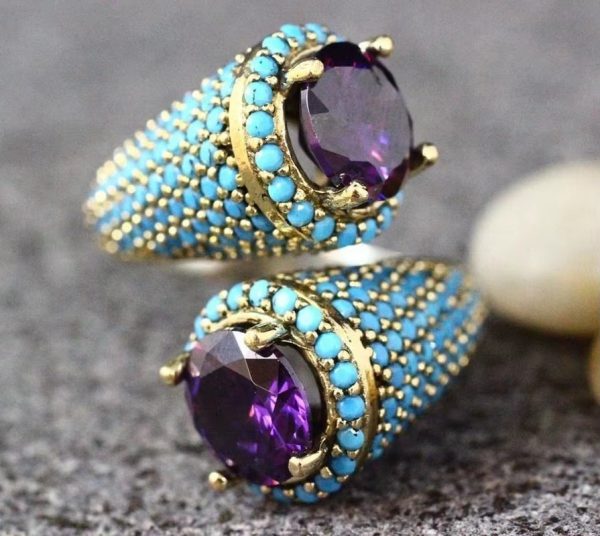 Luxury natural gem Amethyst and Turquoise party anniversary boutique Ring