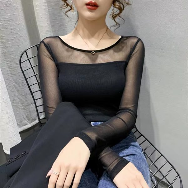 Mesh Bottoming Round Neck Shirt Long Sleeve Solid Color Slim Fit Casual T shirt