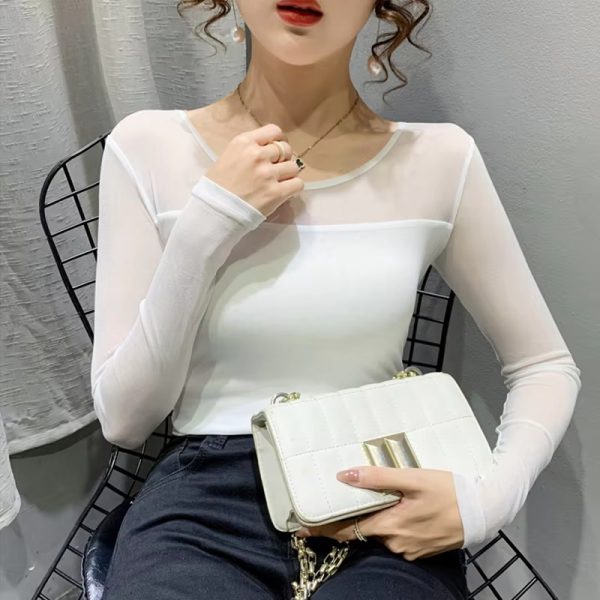 Mesh Bottoming Round Neck Shirt Long Sleeve Solid Color Slim Fit Casual T shirt - Image 8