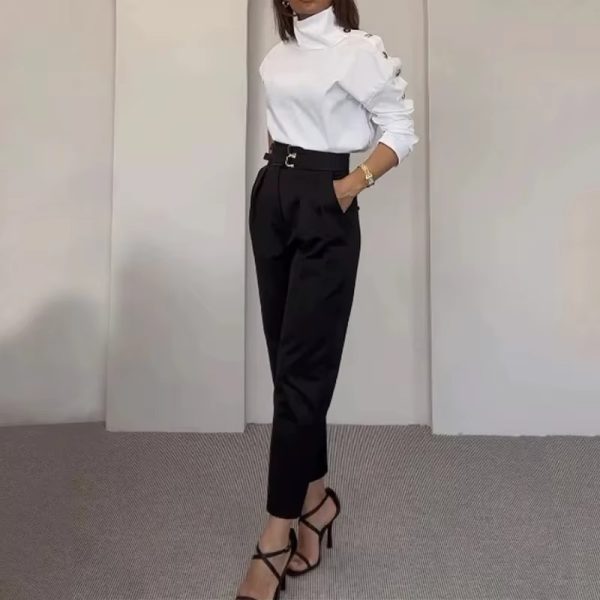 Oblique Shoulder Turtleneck Solid Regular Full Sleeve Slim Fit Long Pant High Waist Two Piece Sets