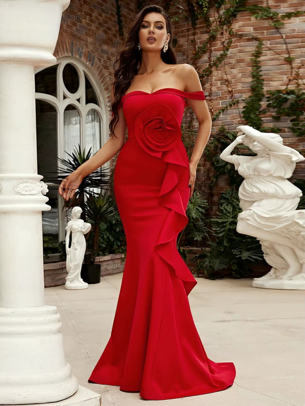 Elegant Off Shoulder Chic Mermaid Asymmetrical Wedding Birthday Party Cocktail Maxi Dress - Image 3