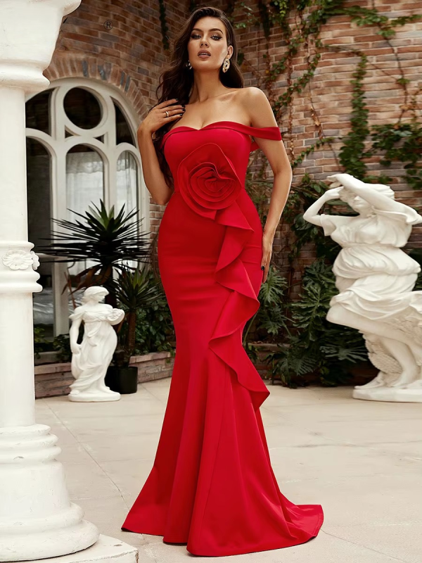 Elegant Off Shoulder Chic Mermaid Asymmetrical Wedding Birthday Party Cocktail Maxi Dress - Image 4