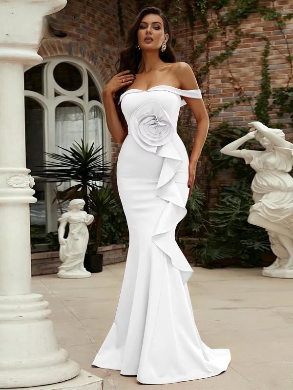 Elegant Off Shoulder Chic Mermaid Asymmetrical Wedding Birthday Party Cocktail Maxi Dress - Image 9