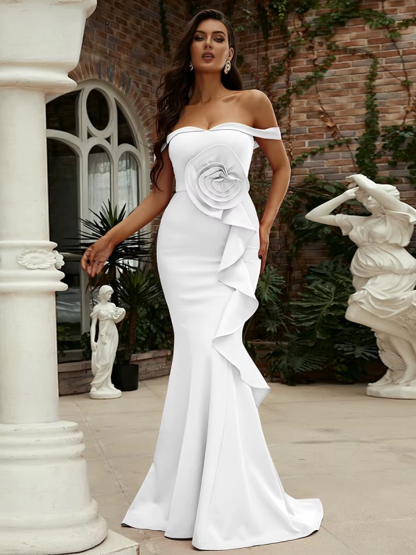 Elegant Off Shoulder Chic Mermaid Asymmetrical Wedding Birthday Party Cocktail Maxi Dress - Image 10