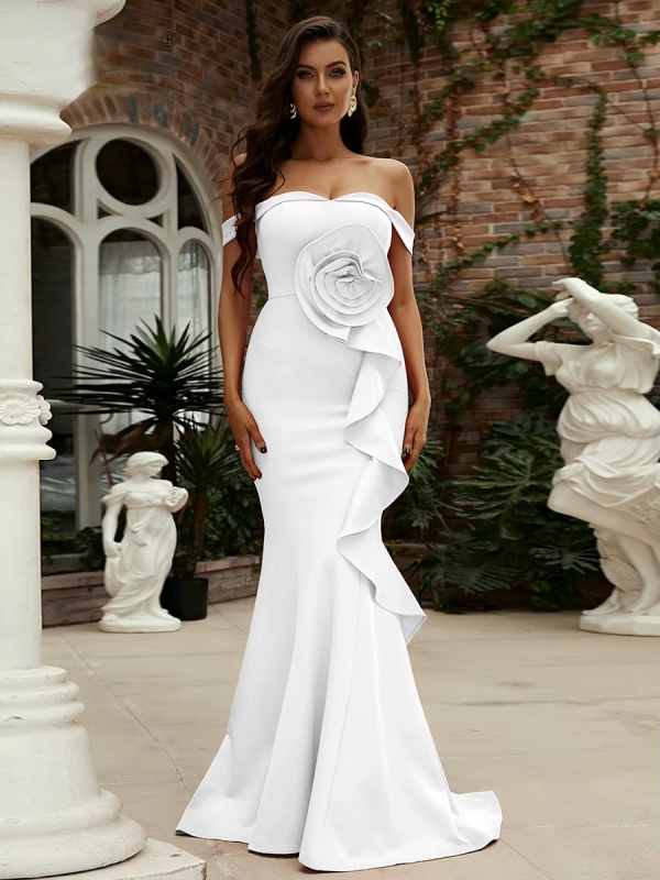 Elegant Off Shoulder Chic Mermaid Asymmetrical Wedding Birthday Party Cocktail Maxi Dress - Image 8