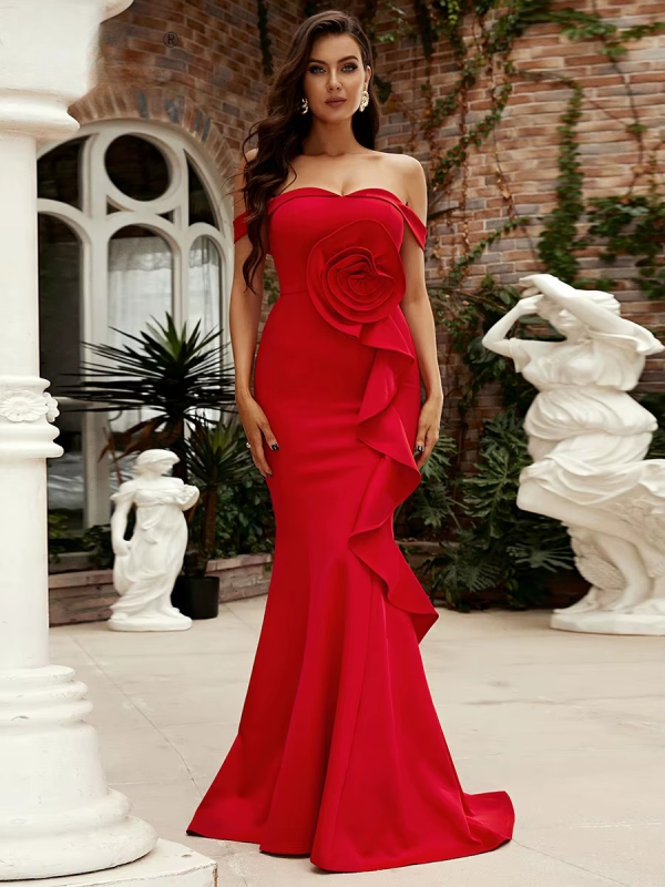 Elegant Off Shoulder Chic Mermaid Asymmetrical Wedding Birthday Party Cocktail Maxi Dress