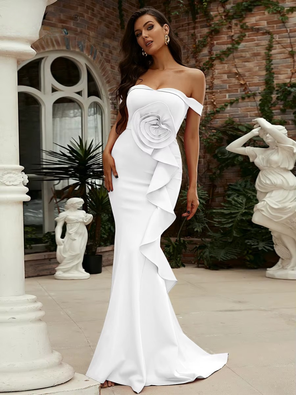 Elegant Off Shoulder Chic Mermaid Asymmetrical Wedding Birthday Party Cocktail Maxi Dress - Image 6