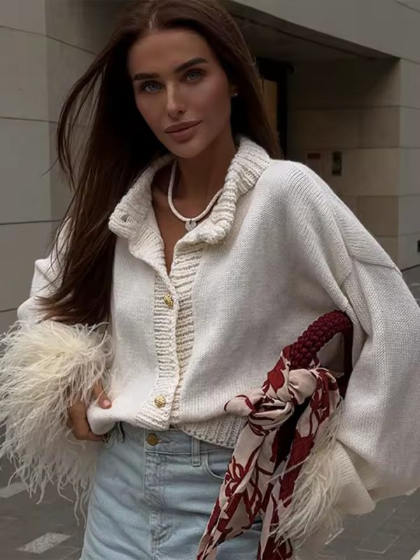 Patchwork Long Sleeve Single Breasted Feather Knitted Loose Cardigan - Image 6