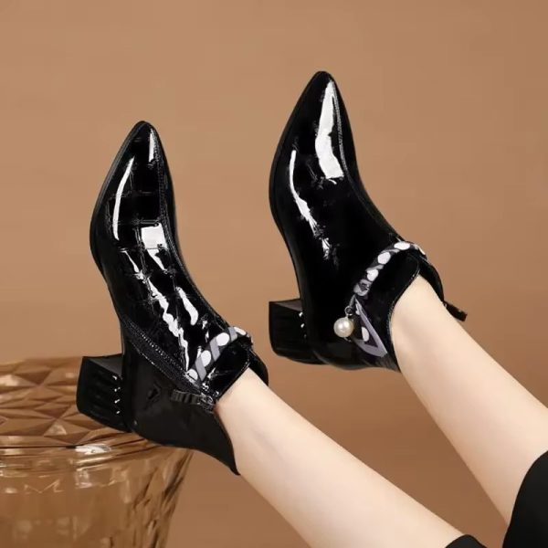 Patent Leather Embossed Flower Pearls Side Zip Pointed Toe Ankle Boots - Image 3