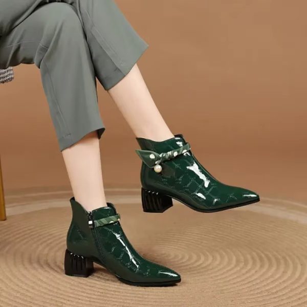 Patent Leather Embossed Flower Pearls Side Zip Pointed Toe Ankle Boots