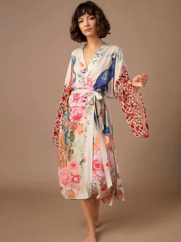 Peacock Printed Self Belted Wrap Beach Kimono Cover Ups