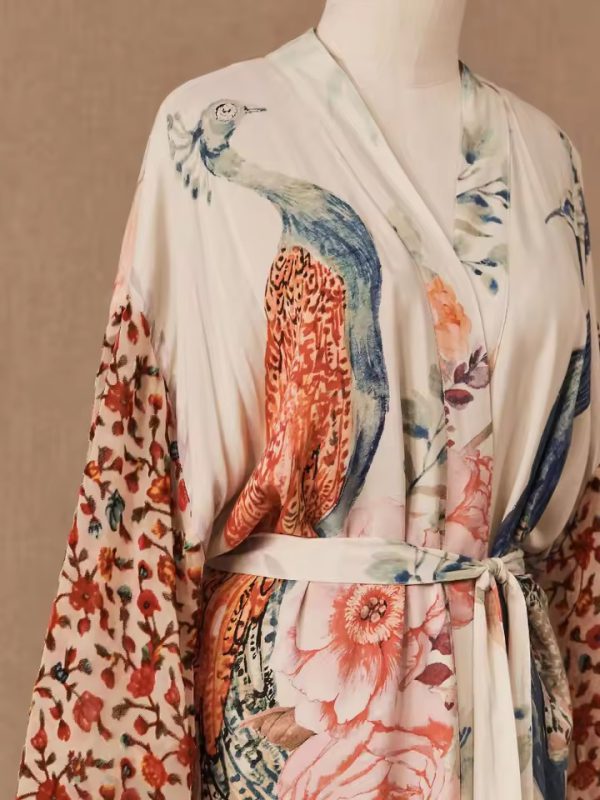 Peacock Printed Self Belted Wrap Beach Kimono Cover Ups - Image 2