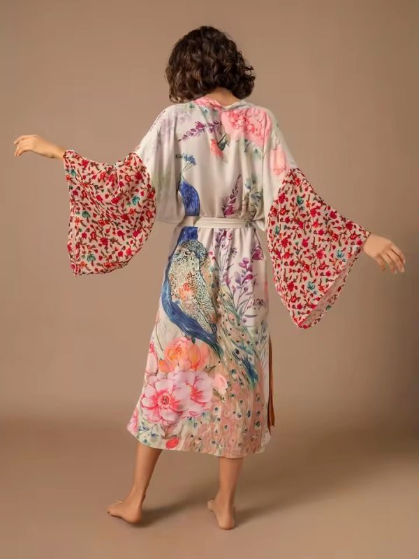 Peacock Printed Self Belted Wrap Beach Kimono Cover Ups - Image 3