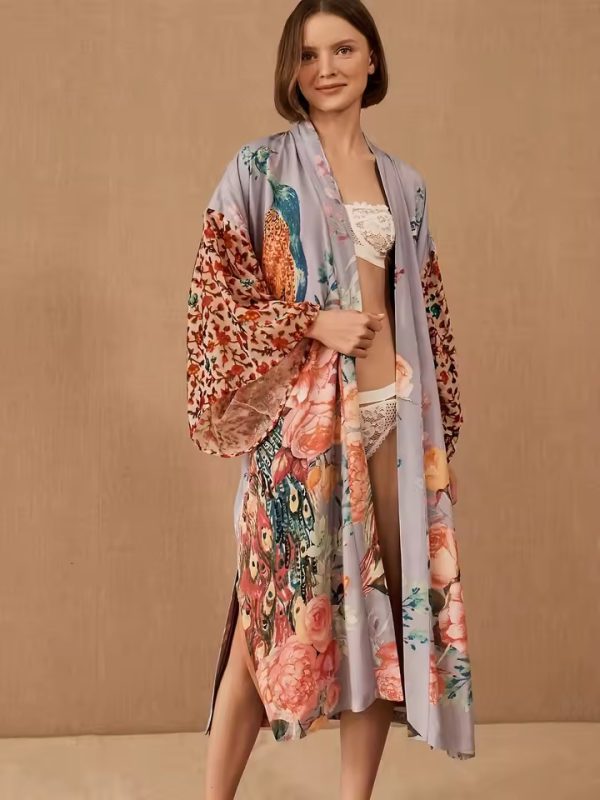 Peacock Printed Self Belted Wrap Beach Kimono Cover Ups - Image 4