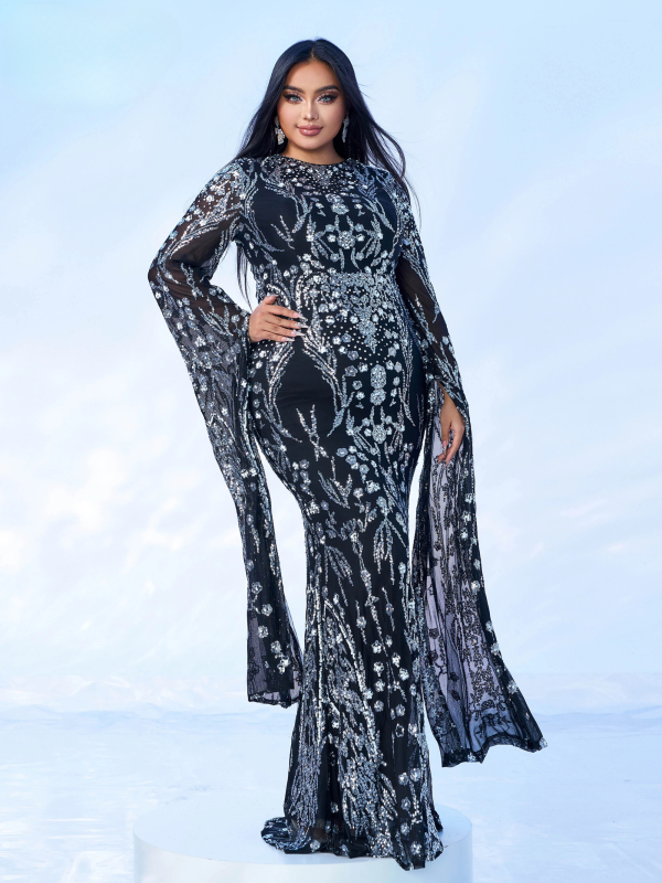 Sequin Round Neck Extended Sleeve Evening Formal Occasion Cocktail Ball Plus Size Church Muslim Dresses - Image 3