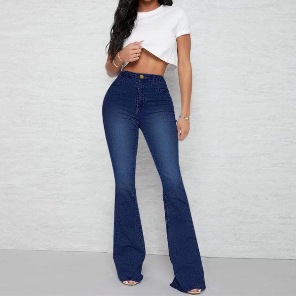 Pockets Zipper Fly Washed Denim High Waist Full Length Loose Flare Pants Jean