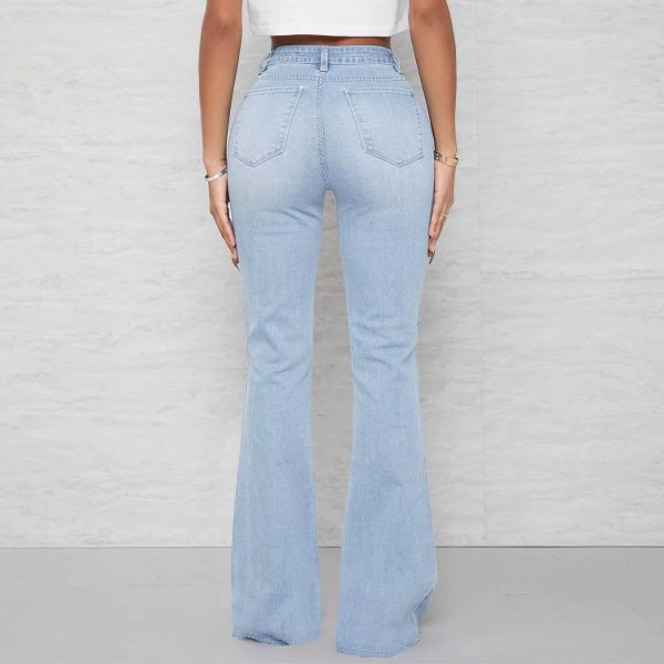 Pockets Zipper Fly Washed Denim High Waist Full Length Loose Flare Pants Jean - Image 15