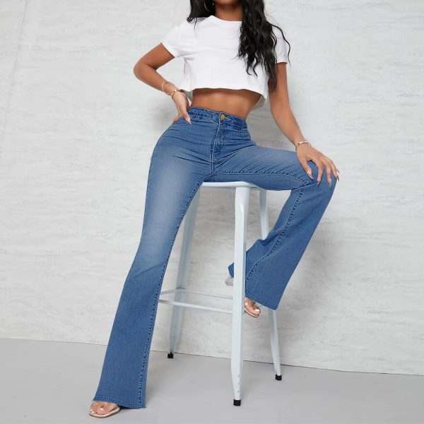 Pockets Zipper Fly Washed Denim High Waist Full Length Loose Flare Pants Jean - Image 8