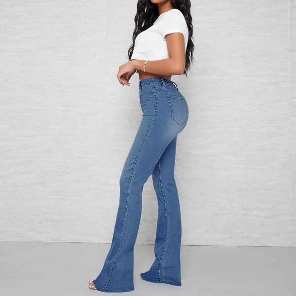 Pockets Zipper Fly Washed Denim High Waist Full Length Loose Flare Pants Jean - Image 9