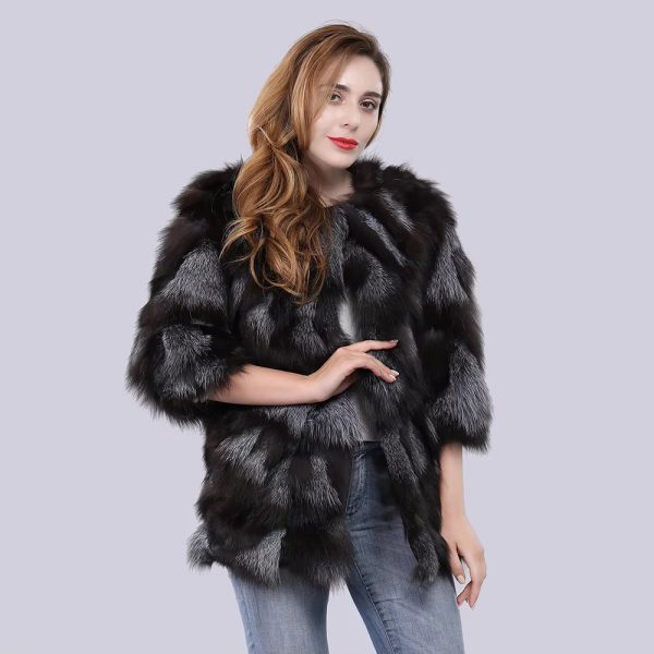 Real Natural Silver Fox Fur Genuine Luxury Outerwear Half Sleeve Jacket