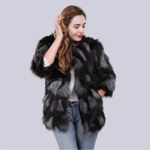 Real Natural Silver Fox Fur Genuine Luxury Outerwear Half Sleeve Jacket - Image 2