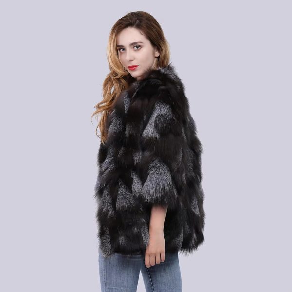 Real Natural Silver Fox Fur Genuine Luxury Outerwear Half Sleeve Jacket - Image 3