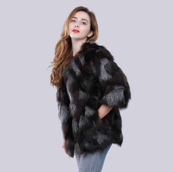 Real Natural Silver Fox Fur Genuine Luxury Outerwear Half Sleeve Jacket - Image 4