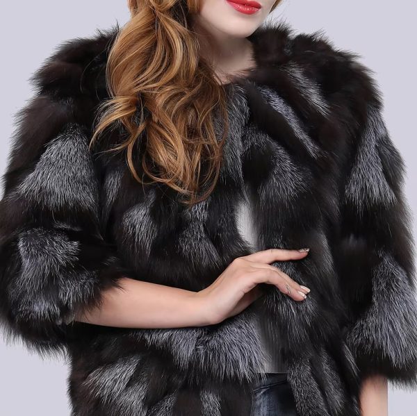 Real Natural Silver Fox Fur Genuine Luxury Outerwear Half Sleeve Jacket - Image 6