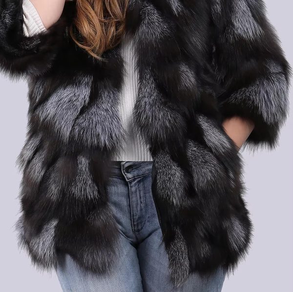 Real Natural Silver Fox Fur Genuine Luxury Outerwear Half Sleeve Jacket - Image 7