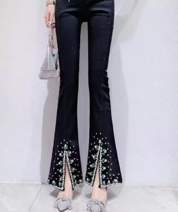 Rhinestone Flare Denim Stretchy Placket High Waisted Jeans Pants - Image 4