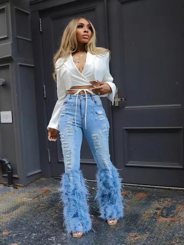 Casual Ripped Out Beading Hollow Out Wide Leg Flare Feather Denim Pants - Image 2