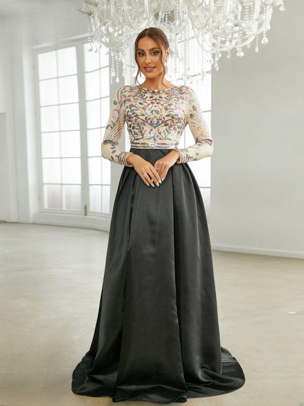 Elegant Round Neck Long Sleeved Sequin A Line Evening Wedding Birthday Party Formal Occasion Dresses - Image 7