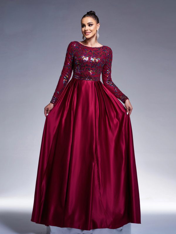 Elegant Round Neck Long Sleeved Sequin A Line Evening Wedding Birthday Party Formal Occasion Dresses - Image 3