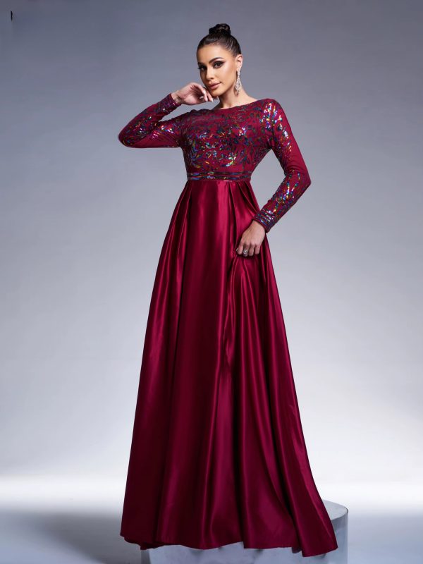 Elegant Round Neck Long Sleeved Sequin A Line Evening Wedding Birthday Party Formal Occasion Dresses