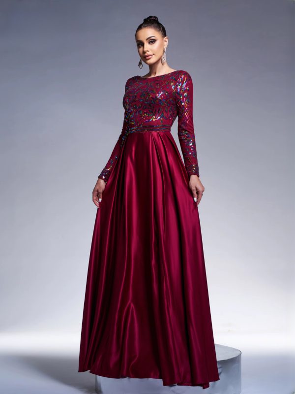 Elegant Round Neck Long Sleeved Sequin A Line Evening Wedding Birthday Party Formal Occasion Dresses - Image 2