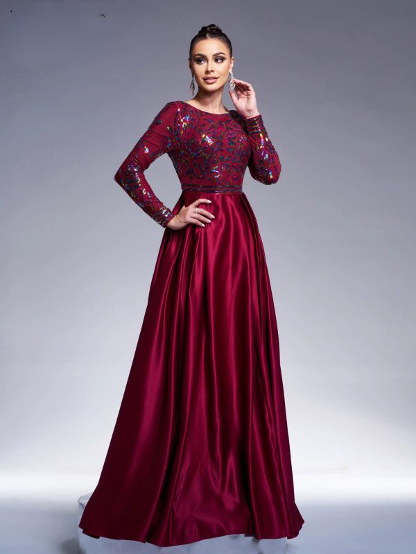 Elegant Round Neck Long Sleeved Sequin A Line Evening Wedding Birthday Party Formal Occasion Dresses - Image 4