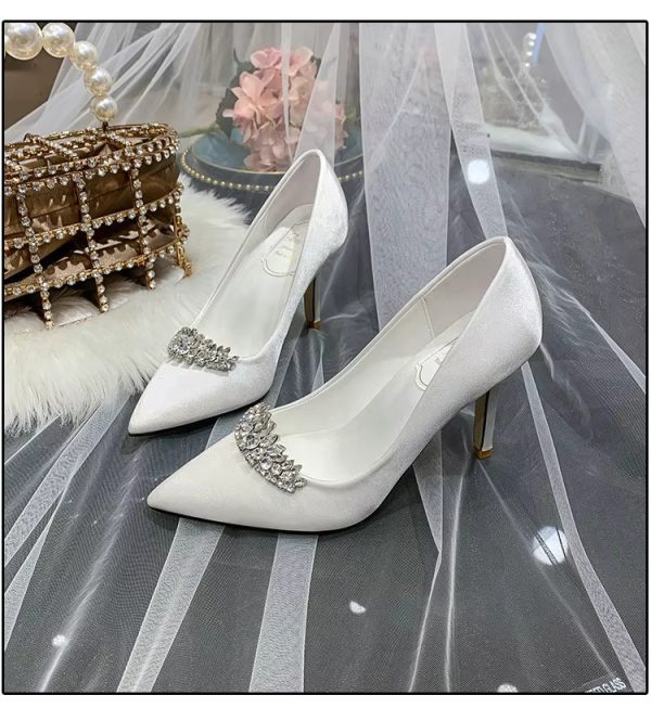 Thin Heel Pointed Toe Fashion Rhinestone Princess Pumps Satin Bridal Shoes