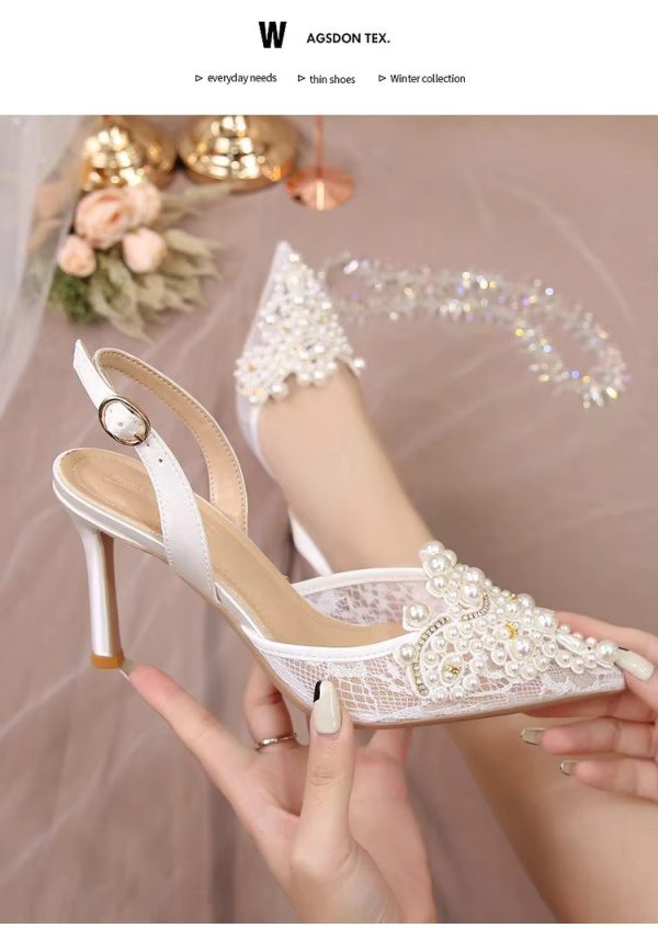 Pearl Fashion High Heels Lace Shoes Bridesmaid Shoes Pumps - Image 4