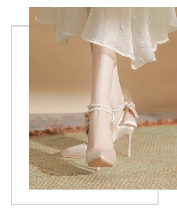 Pearls Buckle Belt Satin Fabric Bow  High Heel Point Toe Wedding Shoes - Image 10