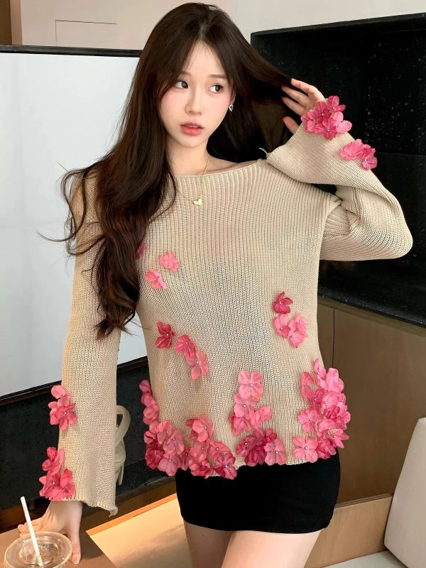 Slash Neck 3D Floral Baggy Tender All-match Pullovers Flare Sleeve Korean Style Sweater