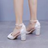 Crystal Flower Elegant Chunky High Heel Ankle Buckle White Lace Sandals - Image 2