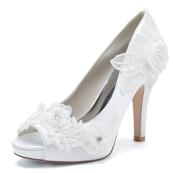 Lace Flowers Open Toe Sweet Prom Graduation Satin Wedding High Heels Shoes - Image 2