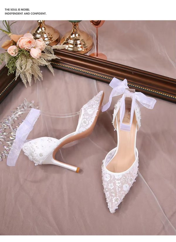 Pointy Thin Heel Lace Hollow Bun Strap Fashion Mesh High Heels Bride Shoes Sandals - Image 2